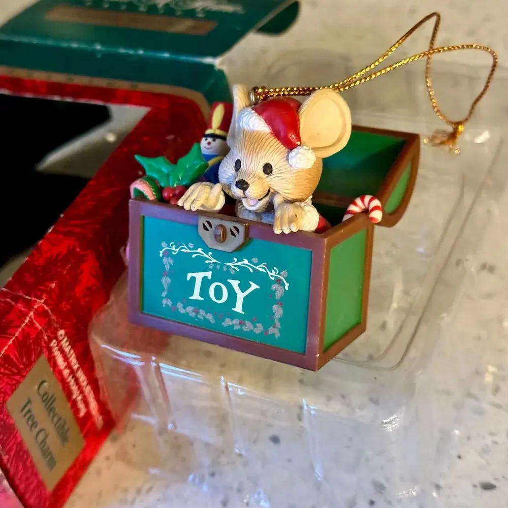 1990's Vintage Mouse In A Toy Chest Ornament Christmas Collectible with Box